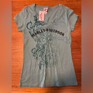 Harley Davidson Shirt Womens XL Blue Motorcycle Biker V Neck Short Sleeved